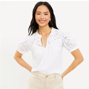 *NEW* LOFT White Eyelet Tie Neck Puff Sleeve Mixed Media Top size M
